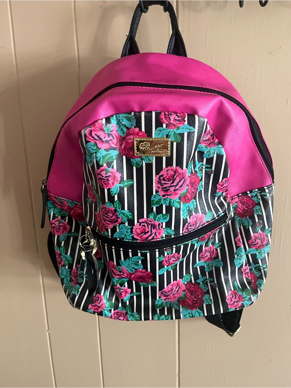 Betsey Johnson Pink Floral Stripe Mini Backpack with Front Zip Pocket